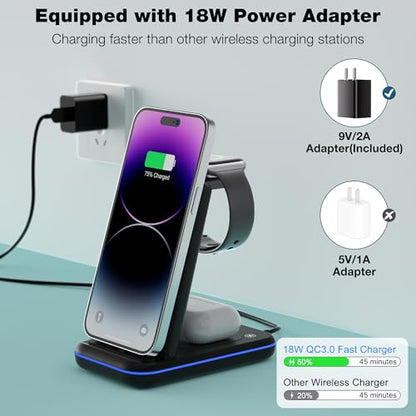 Wireless Charger for iPhone, Foldable 3 in 1 Fast Charging Station/Stand/Multi Charger for iPhone15 14 13 12 11/Xs/XR/X/8, Travel Pad for Apple Watch S8/Ultra/7/6/5/4/3/2/SE, Airpods 2/3/Pro/Pro 2
