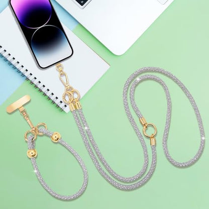 Crystal Phone Strap Crossbody and Wrist Lanyard, Anti Theft Layered & Wrist Strap Cell Phone Neck for Women - color: Light Grey
