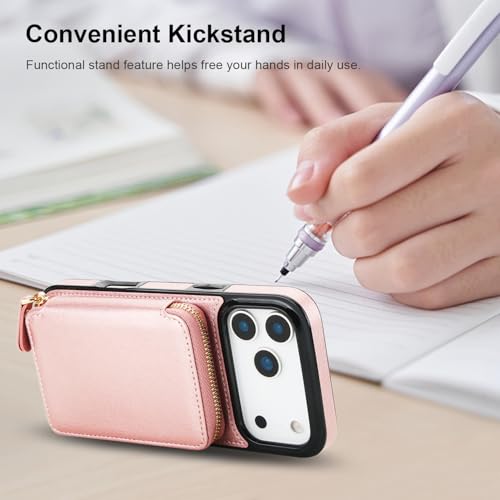Bocasal Multi-Slot Crossbody Wallet Case for iPhone 17 Pro Max, Rose Gold | RFID Blocking PU Leather Purse Case with Card Holder, Handbag Flip Cover with Zipper Wrist Strap Lanyard for Women 6.9 Inch - color: Rose Gold