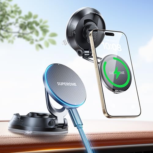 SUPERONE for MagSafe Car Mount Charger, 15W Fast Charging Magnetic Wireless Car Charger [88+LBS Ultra Suction & 2800gf Strong Magnetic] 360° Vacuum Magnetic Phone Holder for iPhone - color: gray