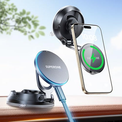 SUPERONE for MagSafe Car Mount Charger, 15W Fast Charging Magnetic Wireless Car Charger [88+LBS Ultra Suction & 2800gf Strong Magnetic] 360° Vacuum Magnetic Phone Holder for iPhone - color: gray