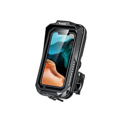 Motorcycle & Bicycle Handlebar Phone Mount Bag, Water-Resistant Phone Pouch with Touchscreen Window, 360° Rotating Clamp, Storage Pockets, Fits Universal 4.0-6.8 Inch Phones, Black