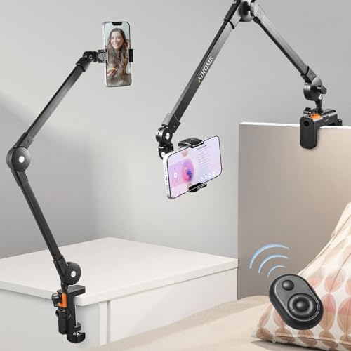 Phone Holder for Desk Bed, Overhead Mount with Wireless Remote, Flexible Phone Stand Lazy Bracket Mount Long Arm Clamp for iPhone, Samsung, Google Pixel, Moto