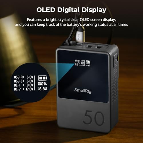 SMALLRIG V Mount Battery VB50, 50Wh / 3400mAh PD45W Mini V-Mount Battery | 1.5H Full Charge, with USB-C, D-TAP, USB-A, Dual DC Ports, OLED Screen, for Cameras, Phones, Camcorders, Monitors