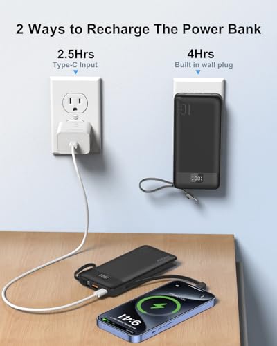 Portable Charger 10000mAh Power Bank w/Built-in 3 Cables & AC Wall Plug - color: Black
