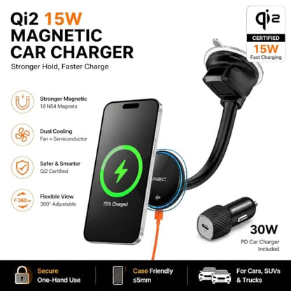 A2C Qi2 15W Fast Charging Magnetic Wireless Car Charger Dual Cooling System