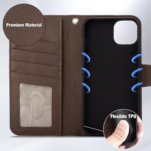 Arae Compatible with iPhone 15 Plus Case with Card Holder and Wrist Strap Wallet Flip Cover for iPhone 15 Plus 6.7 inch Men RFID Blocking Wristlet Kickstand,Litchi Brown - color: Litchi Brown, size: iPhone 15 Plus 6.7 inch