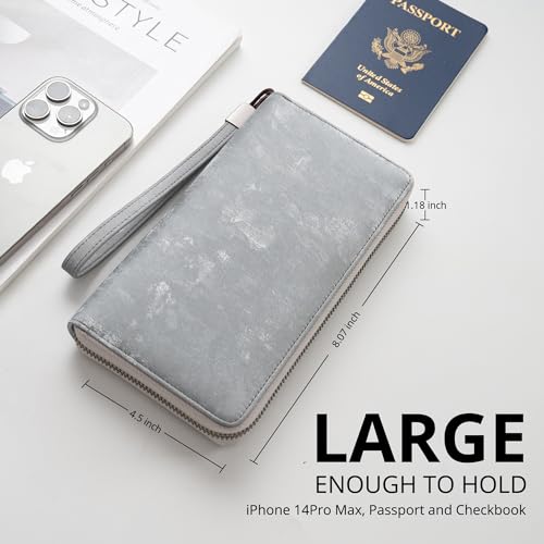 Bveyzi Women RFID Blocking Wallet Leather Zip Around Phone Clutch Large Capacity Ladies Travel Purse Wristlet - color: Frosted Gray