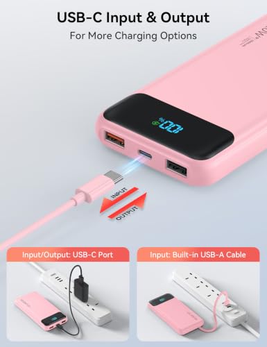 Nusyddy Portable Charger 10000mAh with 4 Built-in Cables & 6 Outputs Pink - color: Pink