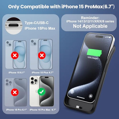 Battery Case for iPhone 15Pro Max, Upgrade 8600mah Portable Slim Battery Charging Case, 15W Fast Charging Rechargeable Protective Extended Charger Cover for iPhone 15 Pro Max (6.7 inch)-Black - color: Black