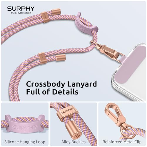 SURPHY Phone Lanyard Crossbody, Phone Strap Crossbody with 2 Tether Tabs - color: Pink & Purple