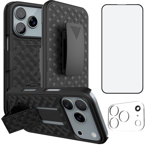 for iPhone 17 Pro Belt Clip Holster Case, Screen Protector-Black | Camera Lens Protector, Swivel Stand Holder, Slim Shell Shell Pouch Full Body Protective, Rugged Drop Defense Cell Phone Cover - size: iPhone 17 Pro