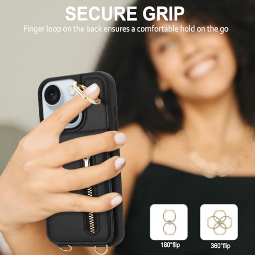 Crossbody Wallet Case for iPhone 11, with Card Slots Zipper Pocket Case, Flip Folio Purse RFID Blocking with Ring Kickstand Detachable Strap-Black - color: Black, size: iPhone 11(6.1")