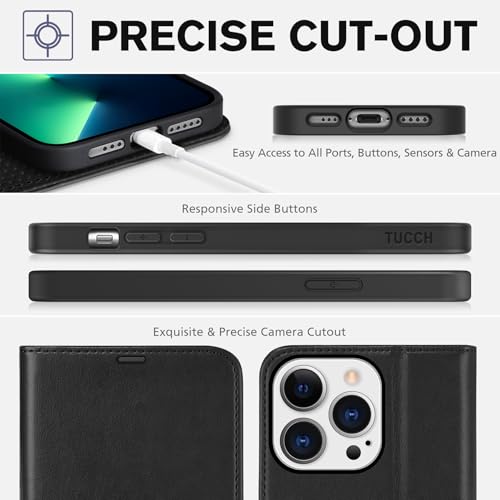 TUCCH Wallet Case for iPhone 13 Pro (6.1") 2021, 3 Card Holders, Black | RFID Blocking, Viewing Stand, Shockproof TPU Shell, PU Leather, Magnetic Closure, Protective Folio Flip Cover - color: Black