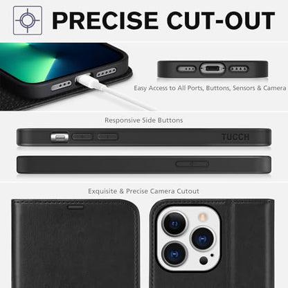 TUCCH Wallet Case for iPhone 13 Pro (6.1") 2021, 3 Card Holders, Black | RFID Blocking, Viewing Stand, Shockproof TPU Shell, PU Leather, Magnetic Closure, Protective Folio Flip Cover - color: Black