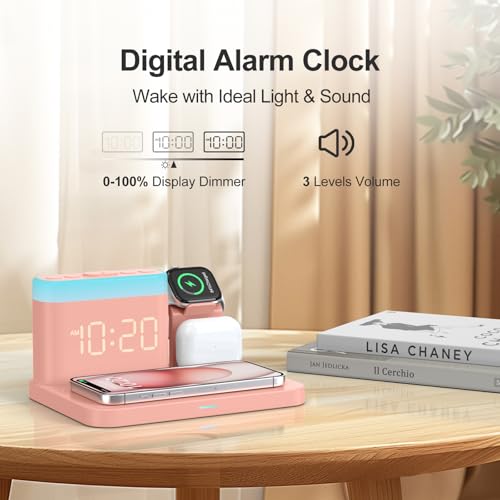 ANJANK 5 in 1 Wireless Charging Station with Alarm Clock,7 Night Light & 0-100% Dimmer,Qi Mag-Safe Charger Stand for Apple Devices - for iPhone 17 16 15 14 13 12 Pro Max Plus Air,Apple Watch,Airpods - color: Pink