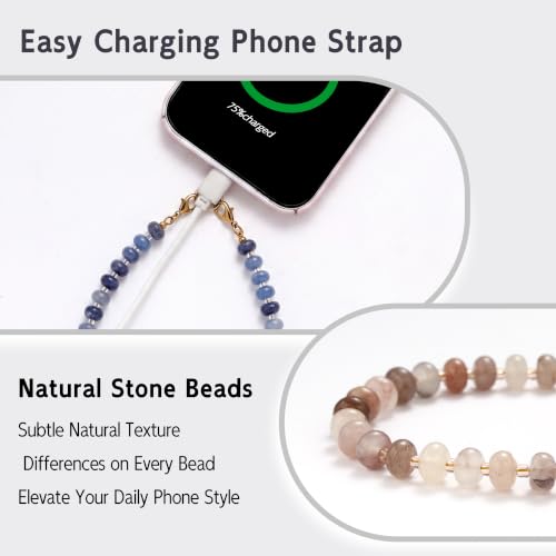 Natural Stone Phone Charm,Beaded Phone Wrist Strap, Handmade Healing Cellphone Chain Lanyard Wristlet with Tether Tab - color: beige