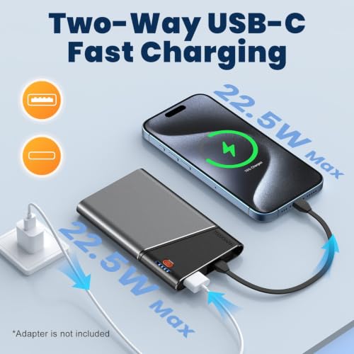 Aaoyun 10000mAh Portable Power Bank, 22.5W PD Fast Charging Battery Pack with Built-in USB-C Cable, Ultra-Slim External Phone Charger for iPhone 17/16/15, Samsung Galaxy S24, Android (Grey) - color: Grey