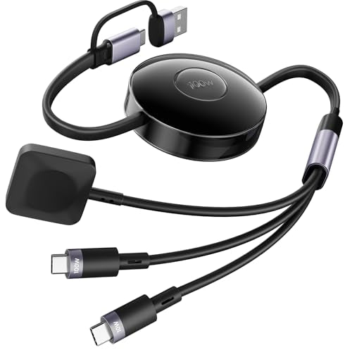 100W Retractable 2X USB-C Charging Cable with Apple Watch Charger - 3-in-1 Dual USB C (100W/10W) and iWatch Fast Charger, Portable Travel Multi Charge Cord for iPhone 15/16/17, iPad, Android, MacBook
