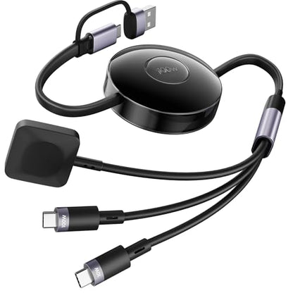 100W Retractable 2X USB-C Charging Cable with Apple Watch Charger - 3-in-1 Dual USB C (100W/10W) and iWatch Fast Charger, Portable Travel Multi Charge Cord for iPhone 15/16/17, iPad, Android, MacBook