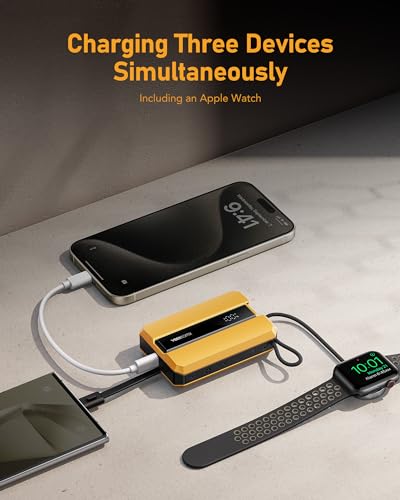 VEEKTOMX PD 30W Power Bank Fast Charging with Built-in USB C Cable for iPhone, Small Portable Charger 10000mAh, Portable Apple Watch Charger, Compact Battery Pack for iPhone 16/15/15 Plus, Yellow - size: USB-C Yellow