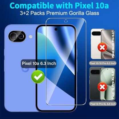 letosan 3 Pack for Google Pixel 10a Screen Protector Tempered Glass + 2 Pack Camera Lens Protector, Military Grade Shatterproof, 9H Hardness, Fingerprint Unlock,Case Friendly 6.3 Inch - size: Pixel 10A-6.3 Inch