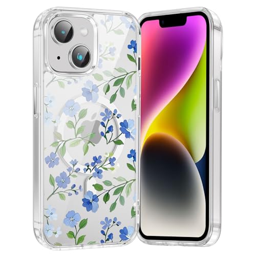 for iPhone 13/14 Magnetic Case Cute Clear Flower Pattern Case, Aesthetic Spring Floral for Girls Women, Soft TPU Clear Slim Anti-Drop Shockproof Protective Phone Cover - Small Blue Flower - color: Small Blue Flower, size: iPhone 13/14