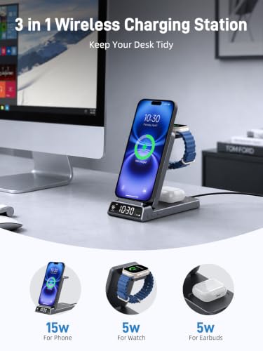 3 in 1 Charging Station for Apple, Travel Wireless Charger with Clock - color: Grey