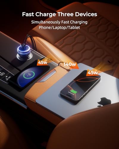 230W Car Charger USB C Fast Charge, PD 140W USB C Car Charger, 3-Port Cigarette Lighter USB Charger Adapter 12V-24V, Compatible with iPhone 17/16/15 MacBook iPad Laptop Samsung S25