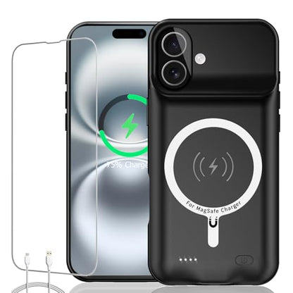 Battery Case iPhone 16 Plus, Upgraded 12000mAh Rechargeable Portable Extended Battery Pack Supported Qi Wireless Charging Case Compatible with iPhone 16 Plus (6.7 inch) Charger Case Power Bank (Black) - size: iPhone 16 Plus (6.7 inch)