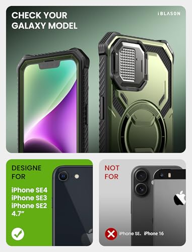 i-Blason for iPhone 16e / iPhone 17e Case MagSafe with Stand, Green | Built-in Screen Protector, Fit for MagSafe, Adjustable Camera Cover Stand, Full-Body Protection, Military - color: Green