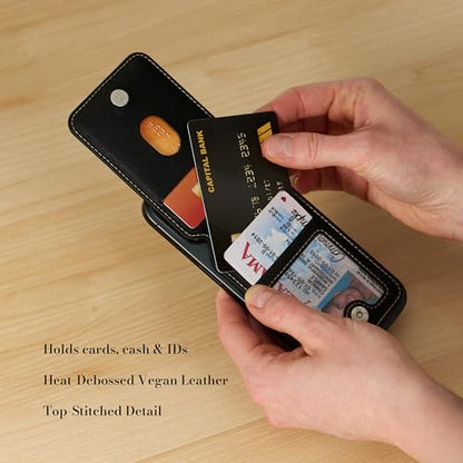 Christian Art Gifts Magsafe Compatible Magnetic Faux Leather Phone Wallet Stand for Men/Women: Multiple Non-Slip Card Slots, Secure Button Closure, ID Window, Debossed Cross Design, Black, 3.9" x 2.5" - color: Black Snap Closure/Cross