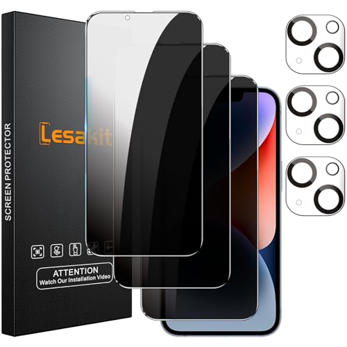 Lesakit 3+3 Pack Privacy Screen Protector for iPhone 14 6.1-Inch with 3 Pack Camera Lens Protector, Anti Spy Tempered Glass Film 9H Hardness Bubble Free Case Friendly - size: iPhone 14