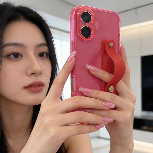 Strap Case for iPhone 17 with Stand, Neon Magenta | Wrist Strap Kickstand, Adjustable Finger Hand Grip Loop, Slim Transparent Anti-Scratch Back, Soft Bumper Phone Cover - color: Neon Magenta, size: iPhone 17