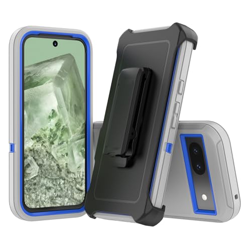 Compatible with Google Pixel 8A Case, with Belt Clip Holster Heavy Duty Rugged Shockproof Full Body Protection Kickstand Phone case for Google Pixel 8A 5G (Grey+Blue) - color: Grey+Blue