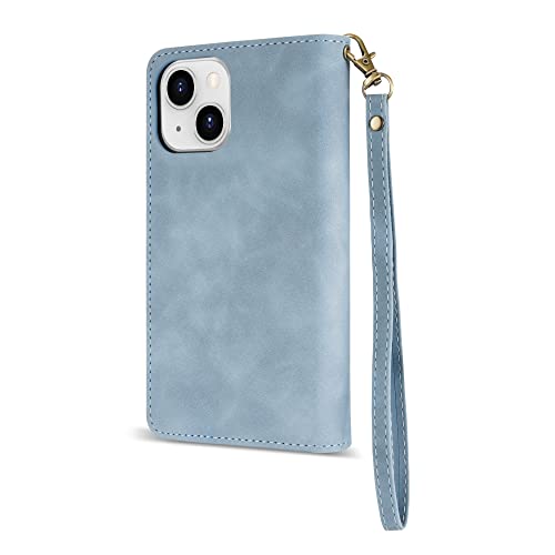 ZZXX iPhone 14 Case Wallet with [RFID Blocking] Card Slot Premium Soft PU Leather Zipper Flip Folio with Wrist Strap Kickstand Protective Phone Cover for iPhone 14 Wallet Case(Light Blue-6.1 inch) - color: Light Blue, size: iPhone 14