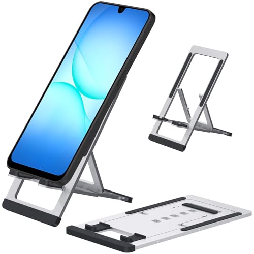 Cell Phone Stand,Aluminum Foldable Phone Holder for Desk,Adjustable Phone Kickstands Travel Essentials for iPhone 17 16 15 14 13 12 11 Pro Max Plus Samsung S25 S24 S23 Ultra Plus-Silver