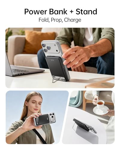 iWALK MagSafe-Compatible Magnetic Wireless Power Bank, 10000mAh Slim Portable Charger with 20W PD Fast Charging Cable, Metal Kickstand and LED Display, Compatible with iPhone 18/17/16/15/14/13/12 - color: Black