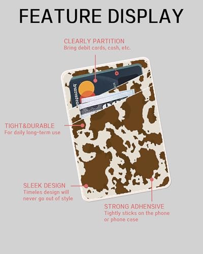Dual Pocket Leather Phone Wallet Adhesive Stick On, Cute Card Holder for Case, Brown Cow Print - color: Cute Brown Cow Print