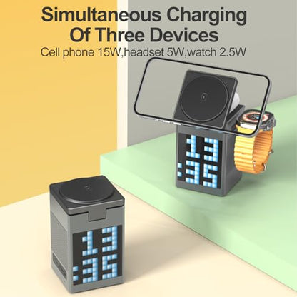 6 in 1 Foldable Magnetic Wireless Charging Station, 15W Fast Charging Dock for Phone, Earbuds, and Watch, Travel Friendly Wireless Charger Stand with LED Clock