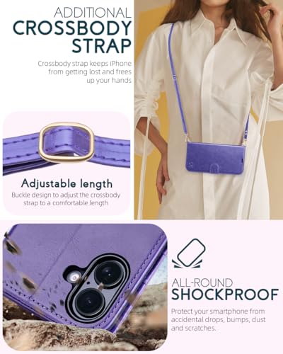 OCASE for iPhone 16 Plus Wallet Case, PU Leather Crossbody Phone Case with Removable Shoulder Strap, Kickstand, RFID Blocking Card Slots, Flip Folio Phone Cover 6.7 Inch 2024, Purple - color: Purple, size: iPhone 16 Plus