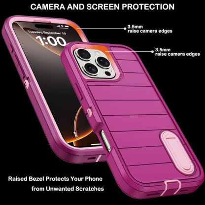 for iPhone 16 Pro Case with Screen Protector,Built-in Invisible Kickstand,Heavy Duty Shockproof Drop Protection Military Grade Tri-Layer Rugged Durable Cell Phone Cover for Apple 16 Pro 6.3"(Purple - color: Purple