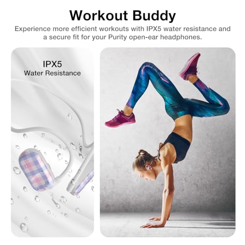Purity Air Open Ear Headphones - True Air Conduction Wireless Bluetooth Open Ear Earbuds with Dual Mic for iPhone/Android - Secured Long Wearing Comfort, Sports Sweat Resistant (Pastel Plaid) - color: Pastel Plaid