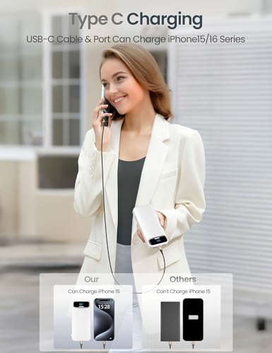 aonidi Portable Charger 12000mAh with Built-in Cables&AC Wall Plug, White - color: White