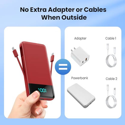 Portable Charger for iPhone,13800mAh Slim Power Bank with Built-in Cables & AC Wall Plug,All in One 4 Outputs USB C Fast Charging Battery Pack Travel Essential for iPhone 17/16/15/14,Android (Red) - color: Red