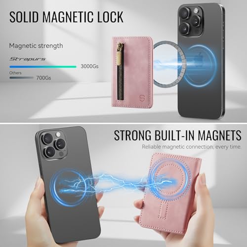 Strapurs Magnetic Card Holder Compatible with MagSafe Phones and Cases, PU Leather Slim Phone Wallet for iPhone 17/16/15/14/13/12/Pro/Max/Plus/Air, 4 Card Slots RFID Blocking with Zipper Pocket - Pink - color: Pink