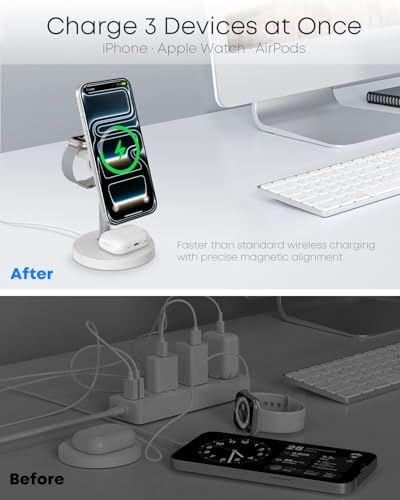 3 in 1 Magnetic Wireless Charging Station, 15W Charger for iPhone, White - color: White