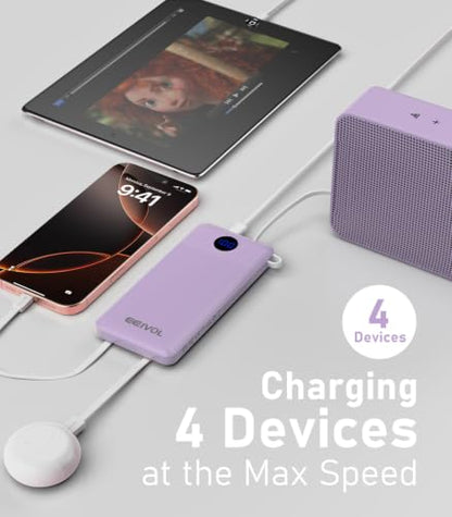 Portable Charger, 10000mAh Power Bank Built-in 4 Cables, Travel Essential - color: Lilac