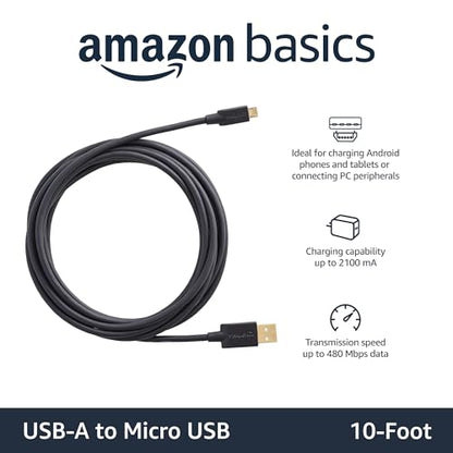 Amazon Basics USB-A to Micro USB Charging Cable, 480Mbps Data Transfer, Gold-Plated Plugs, Compatible with Android Phones and Tablets, 10 Foot, Black - size: 10 Feet, style: 1 Pack