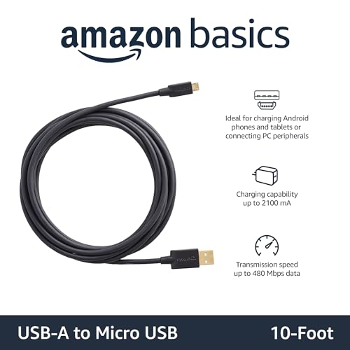 Amazon Basics 5-Pack USB-A to Micro USB Charging & Data Transfer Cable, 480Mbps Transfer Speed, Gold-Plated Plugs, USB 2.0, 10 Foot, Black - size: 10 Feet, style: 5-Pack
